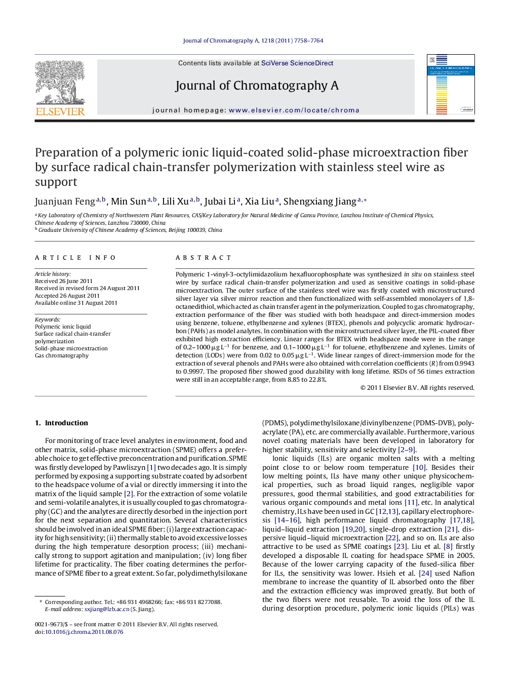 Preparation of a polymeric ionic liquid-coated solid-phase microextraction fiber by surface radical chain-transfer polymerization with stainless steel wire as support