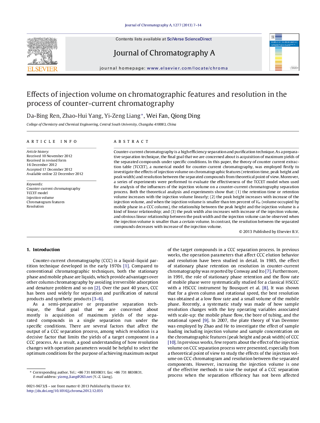 Effects of injection volume on chromatographic features and resolution in the process of counter-current chromatography