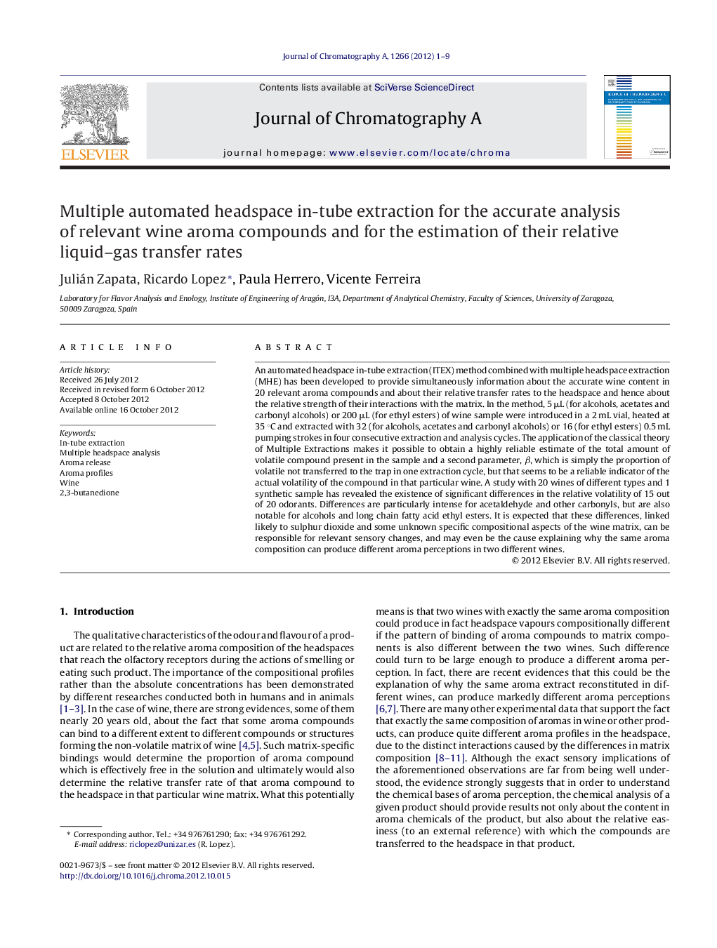 Multiple automated headspace in-tube extraction for the accurate analysis of relevant wine aroma compounds and for the estimation of their relative liquid–gas transfer rates