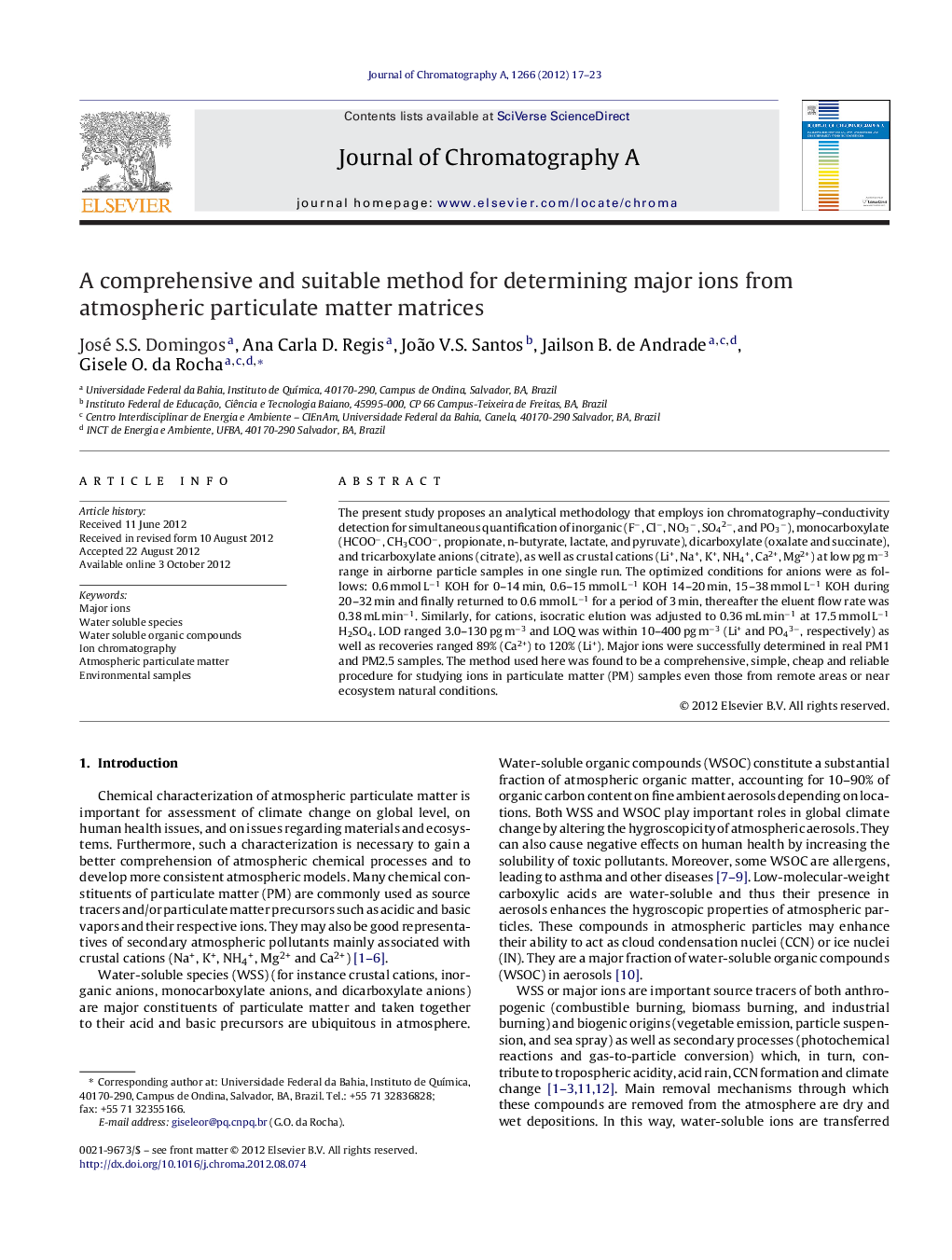 A comprehensive and suitable method for determining major ions from atmospheric particulate matter matrices