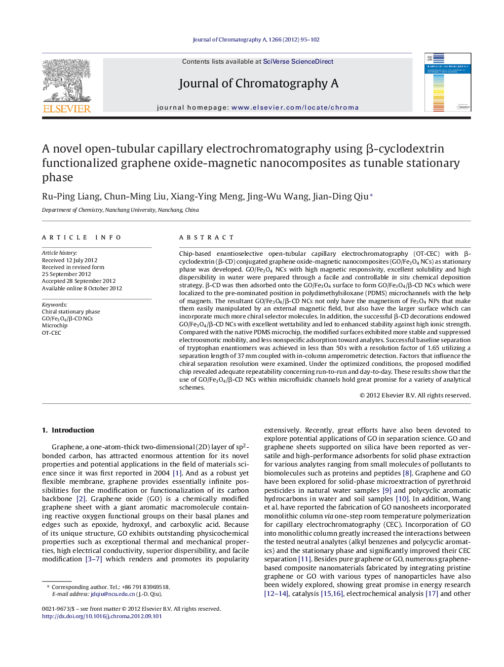 A novel open-tubular capillary electrochromatography using β-cyclodextrin functionalized graphene oxide-magnetic nanocomposites as tunable stationary phase