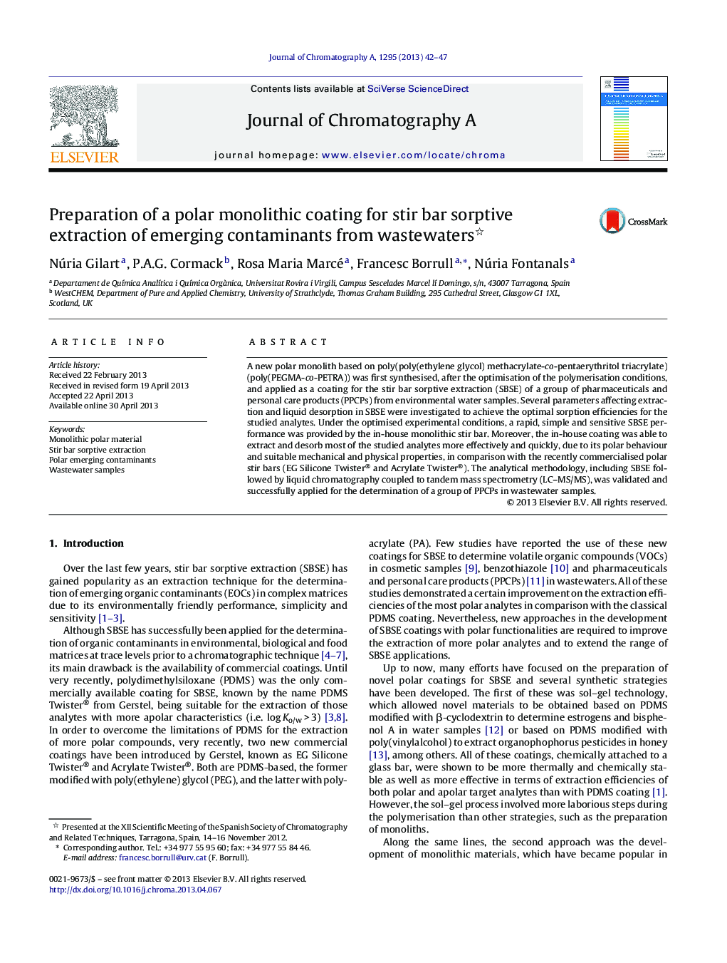 Preparation of a polar monolithic coating for stir bar sorptive extraction of emerging contaminants from wastewaters 