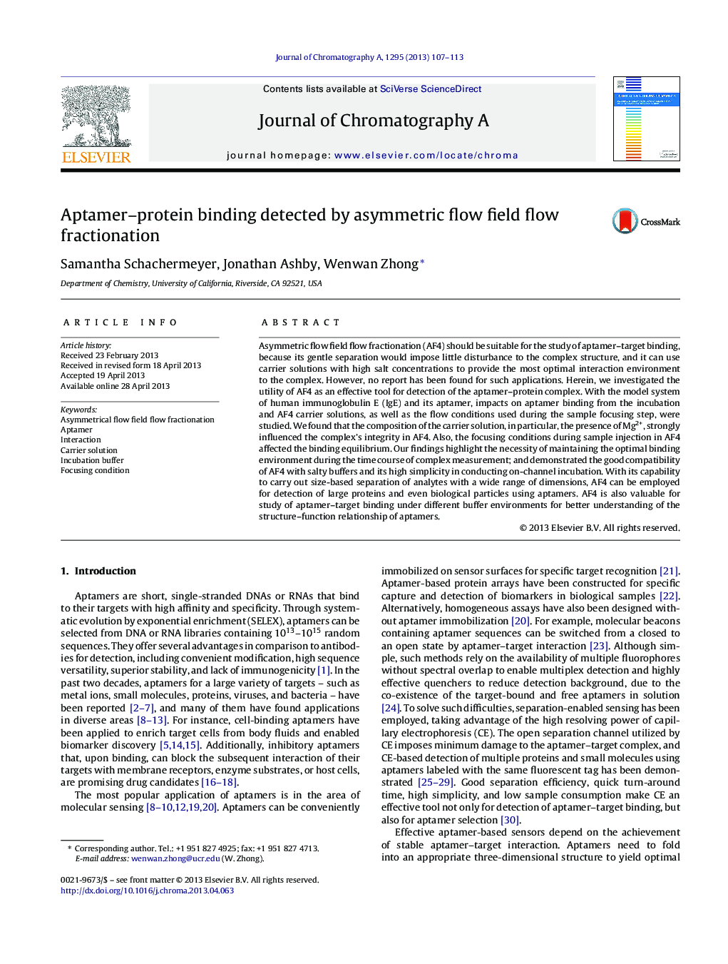 Aptamer–protein binding detected by asymmetric flow field flow fractionation