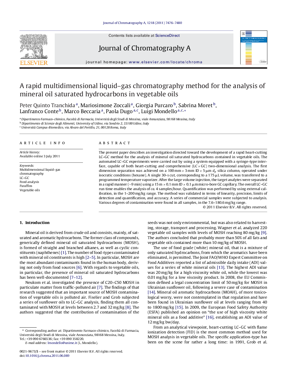 A rapid multidimensional liquid–gas chromatography method for the analysis of mineral oil saturated hydrocarbons in vegetable oils