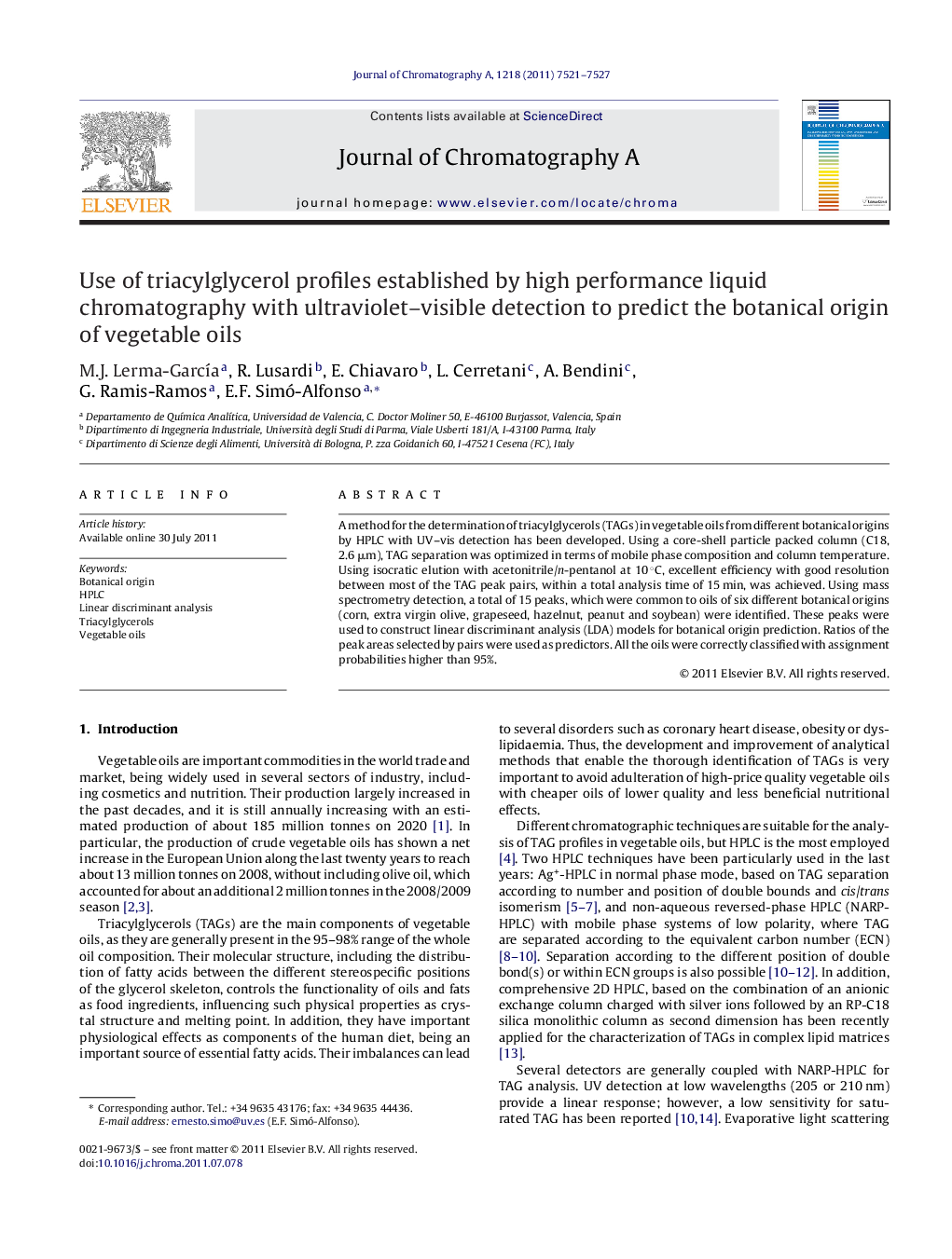 Use of triacylglycerol profiles established by high performance liquid chromatography with ultraviolet–visible detection to predict the botanical origin of vegetable oils