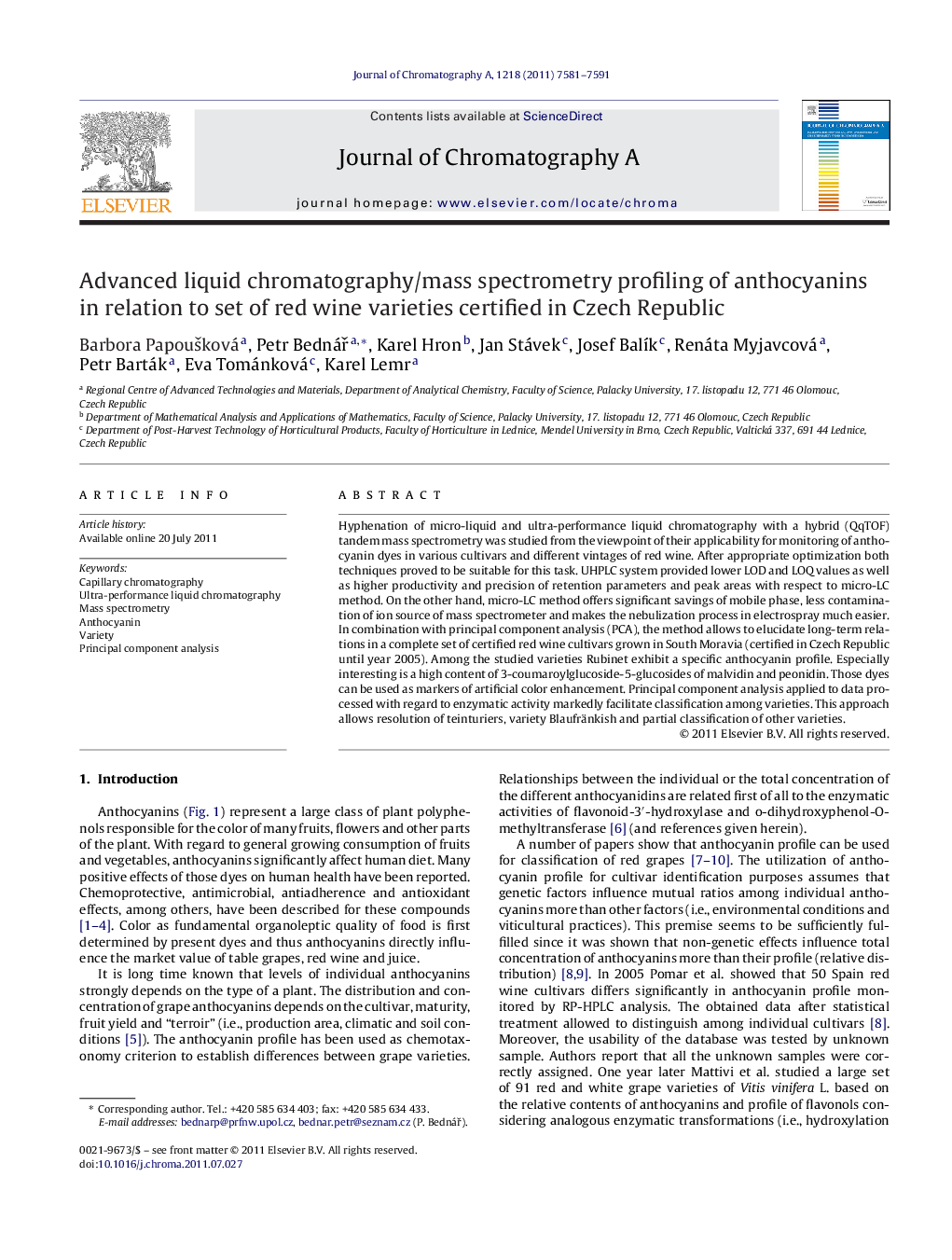 Advanced liquid chromatography/mass spectrometry profiling of anthocyanins in relation to set of red wine varieties certified in Czech Republic