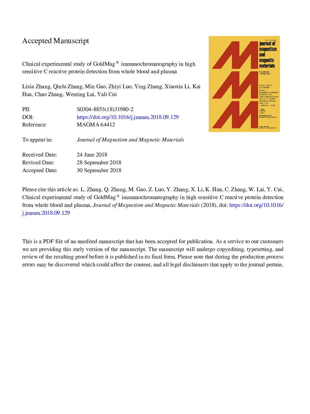 Clinical experimental study of GoldMag® immunochromatography in high sensitive C reactive protein detection from whole blood and plasma