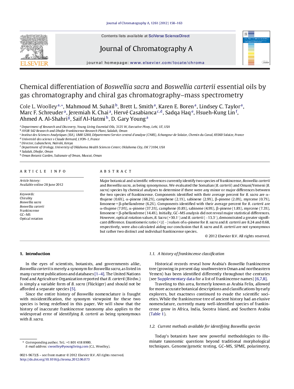 Chemical differentiation of Boswellia sacra and Boswellia carterii essential oils by gas chromatography and chiral gas chromatography–mass spectrometry