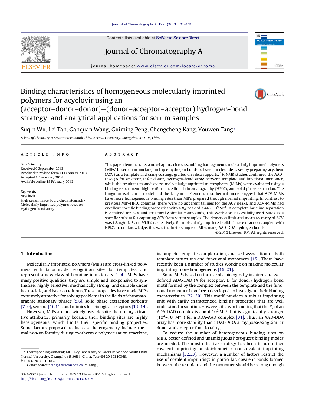 Binding characteristics of homogeneous molecularly imprinted polymers for acyclovir using an (acceptor–donor–donor)—(donor–acceptor–acceptor) hydrogen-bond strategy, and analytical applications for serum samples