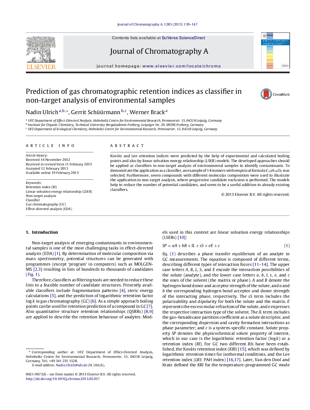 Prediction of gas chromatographic retention indices as classifier in non-target analysis of environmental samples