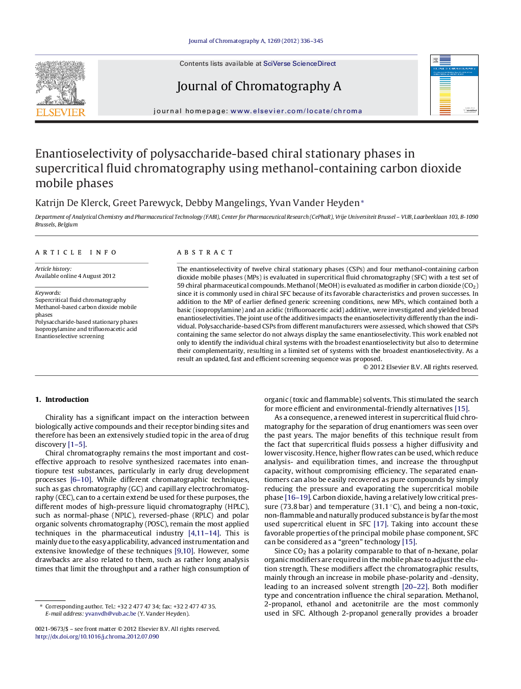 Enantioselectivity of polysaccharide-based chiral stationary phases in supercritical fluid chromatography using methanol-containing carbon dioxide mobile phases