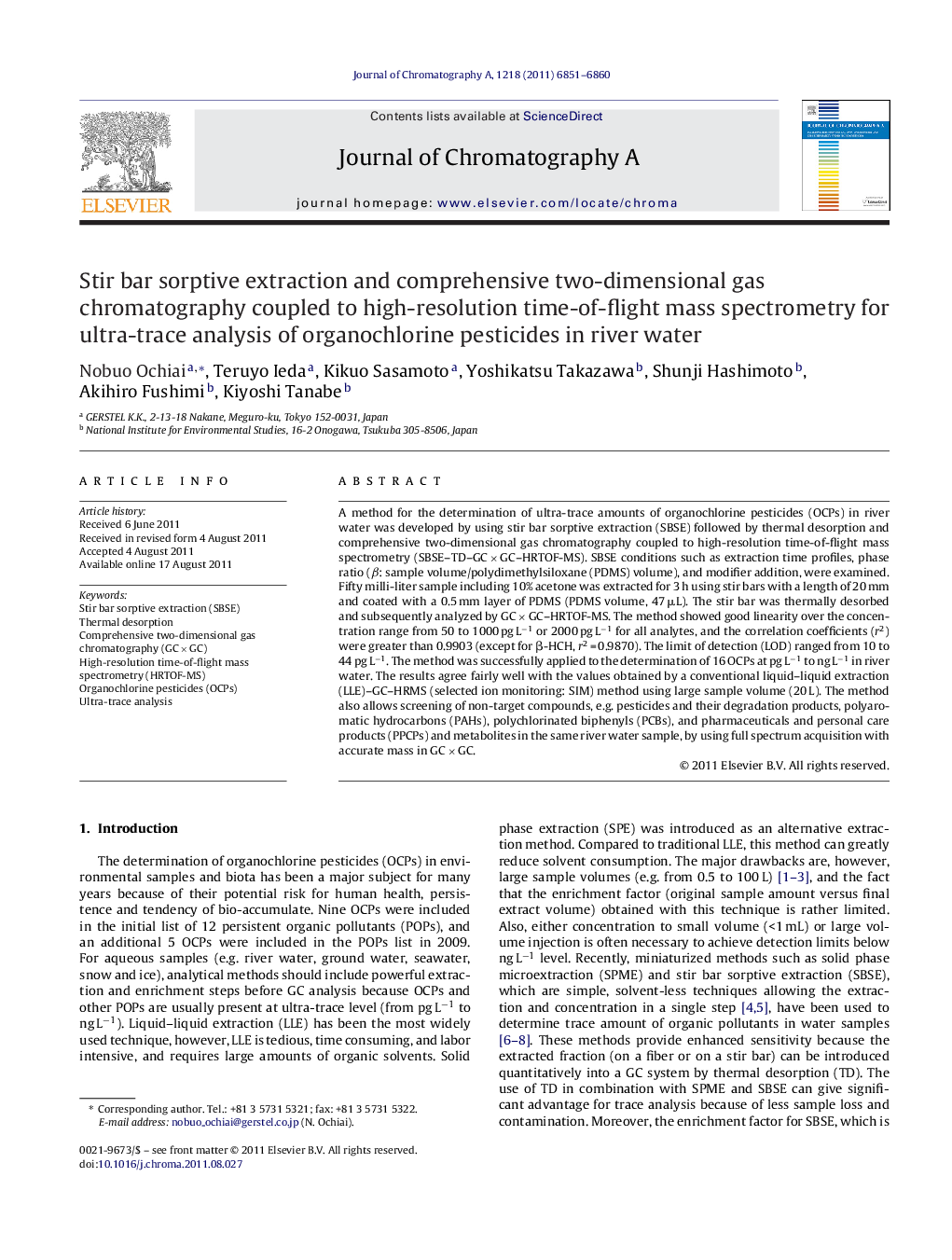 Stir bar sorptive extraction and comprehensive two-dimensional gas chromatography coupled to high-resolution time-of-flight mass spectrometry for ultra-trace analysis of organochlorine pesticides in river water