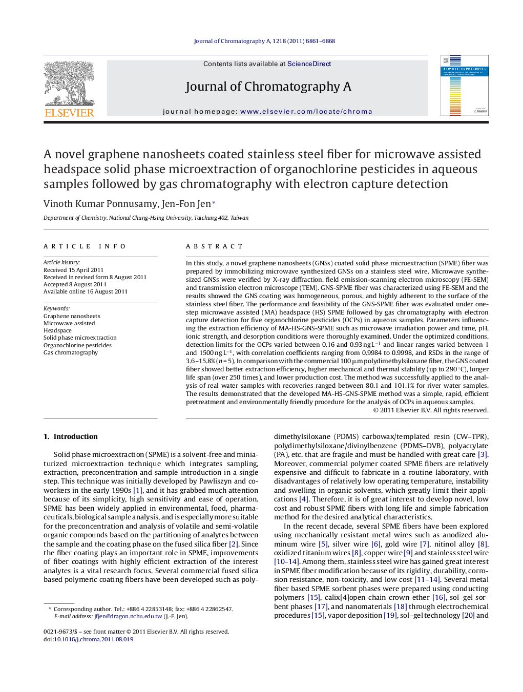 A novel graphene nanosheets coated stainless steel fiber for microwave assisted headspace solid phase microextraction of organochlorine pesticides in aqueous samples followed by gas chromatography with electron capture detection