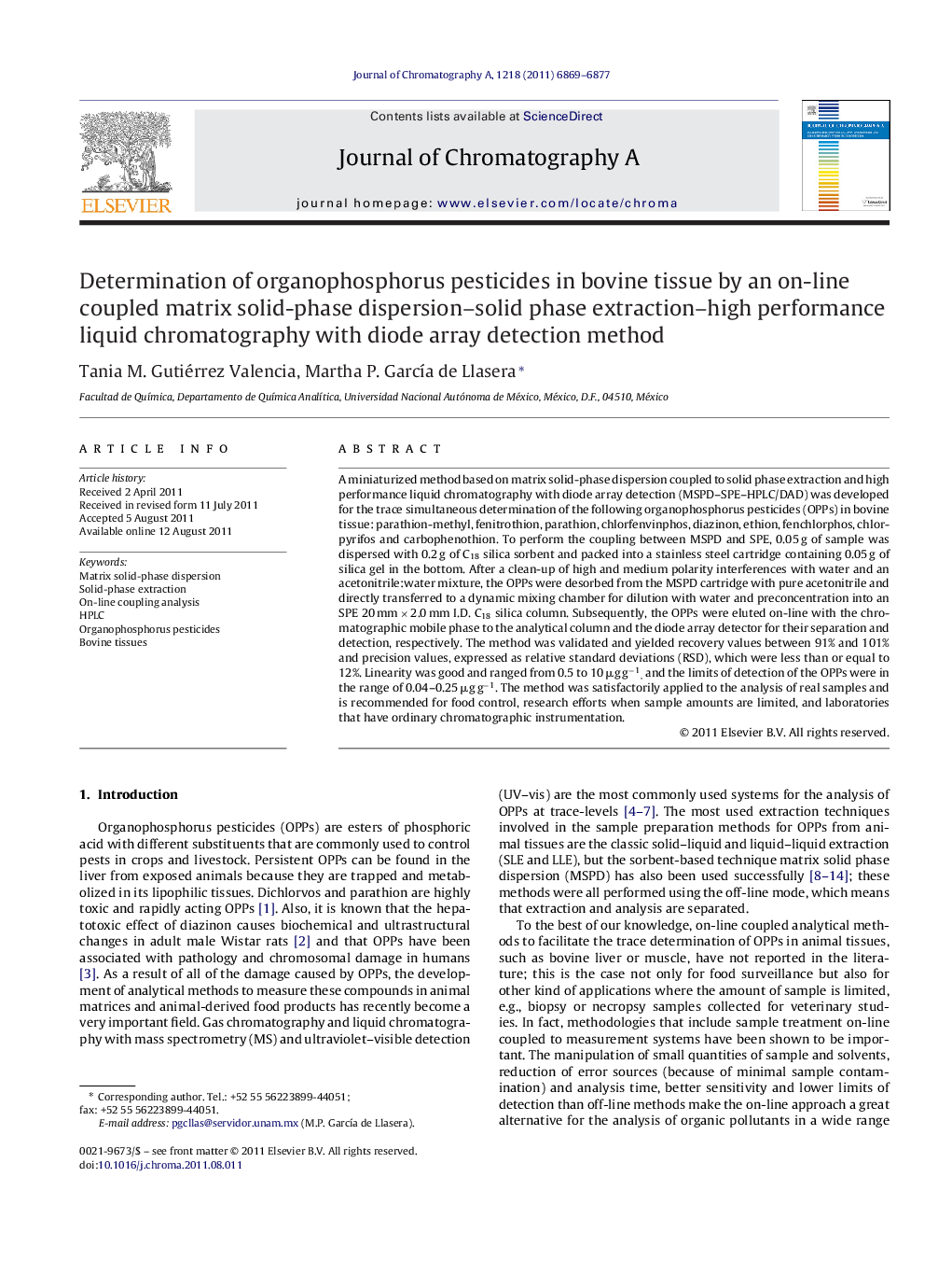 Determination of organophosphorus pesticides in bovine tissue by an on-line coupled matrix solid-phase dispersion–solid phase extraction–high performance liquid chromatography with diode array detection method