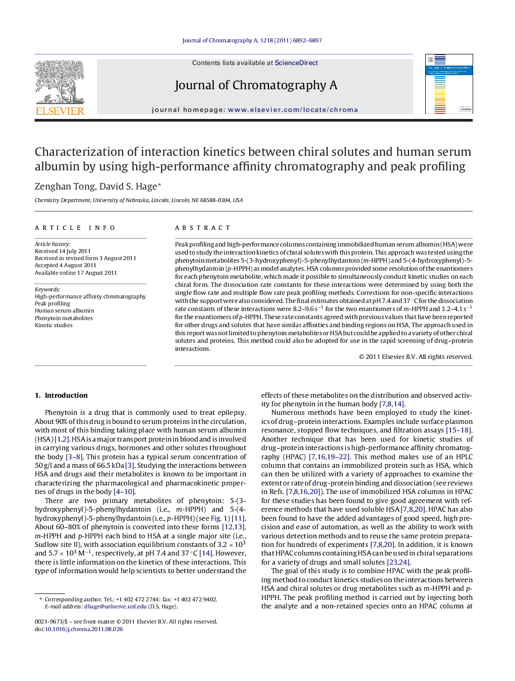 Characterization of interaction kinetics between chiral solutes and human serum albumin by using high-performance affinity chromatography and peak profiling