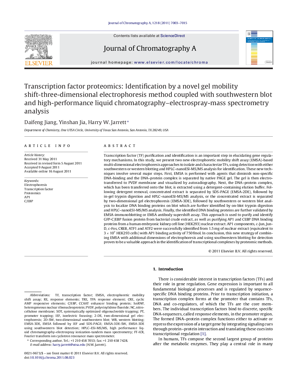 Transcription factor proteomics: Identification by a novel gel mobility shift-three-dimensional electrophoresis method coupled with southwestern blot and high-performance liquid chromatography–electrospray-mass spectrometry analysis