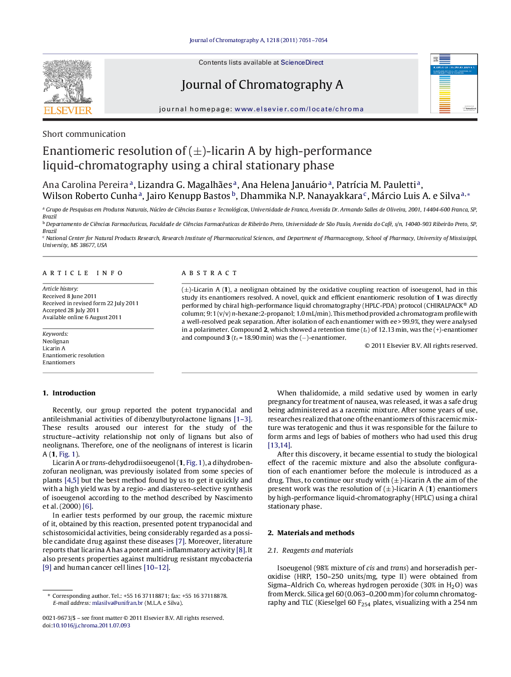 Enantiomeric resolution of (±)-licarin A by high-performance liquid-chromatography using a chiral stationary phase