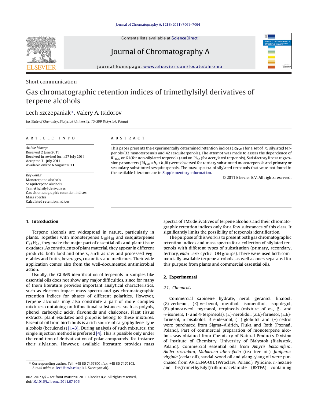 Gas chromatographic retention indices of trimethylsilyl derivatives of terpene alcohols