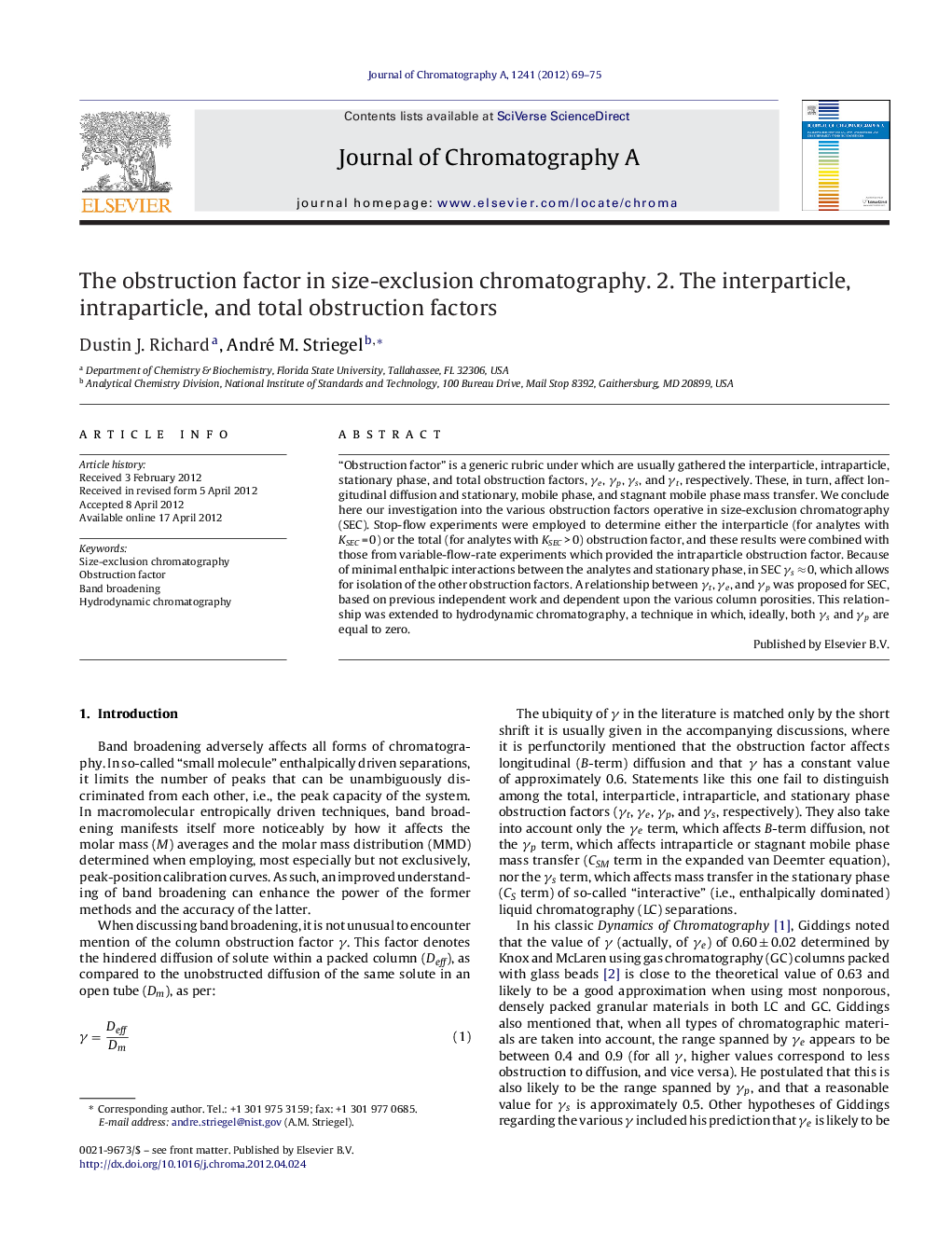 The obstruction factor in size-exclusion chromatography. 2. The interparticle, intraparticle, and total obstruction factors