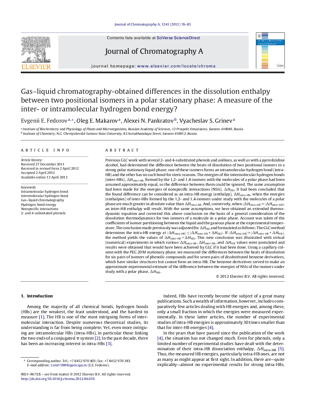 Gas–liquid chromatography-obtained differences in the dissolution enthalpy between two positional isomers in a polar stationary phase: A measure of the inter- or intramolecular hydrogen bond energy?