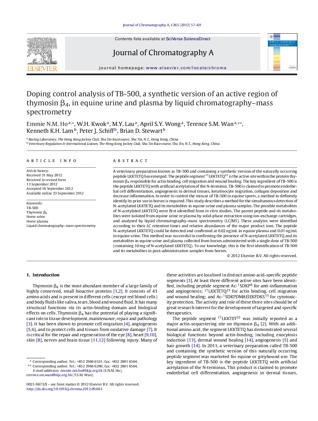 Doping control analysis of TB-500, a synthetic version of an active region of thymosin β4, in equine urine and plasma by liquid chromatography–mass spectrometry