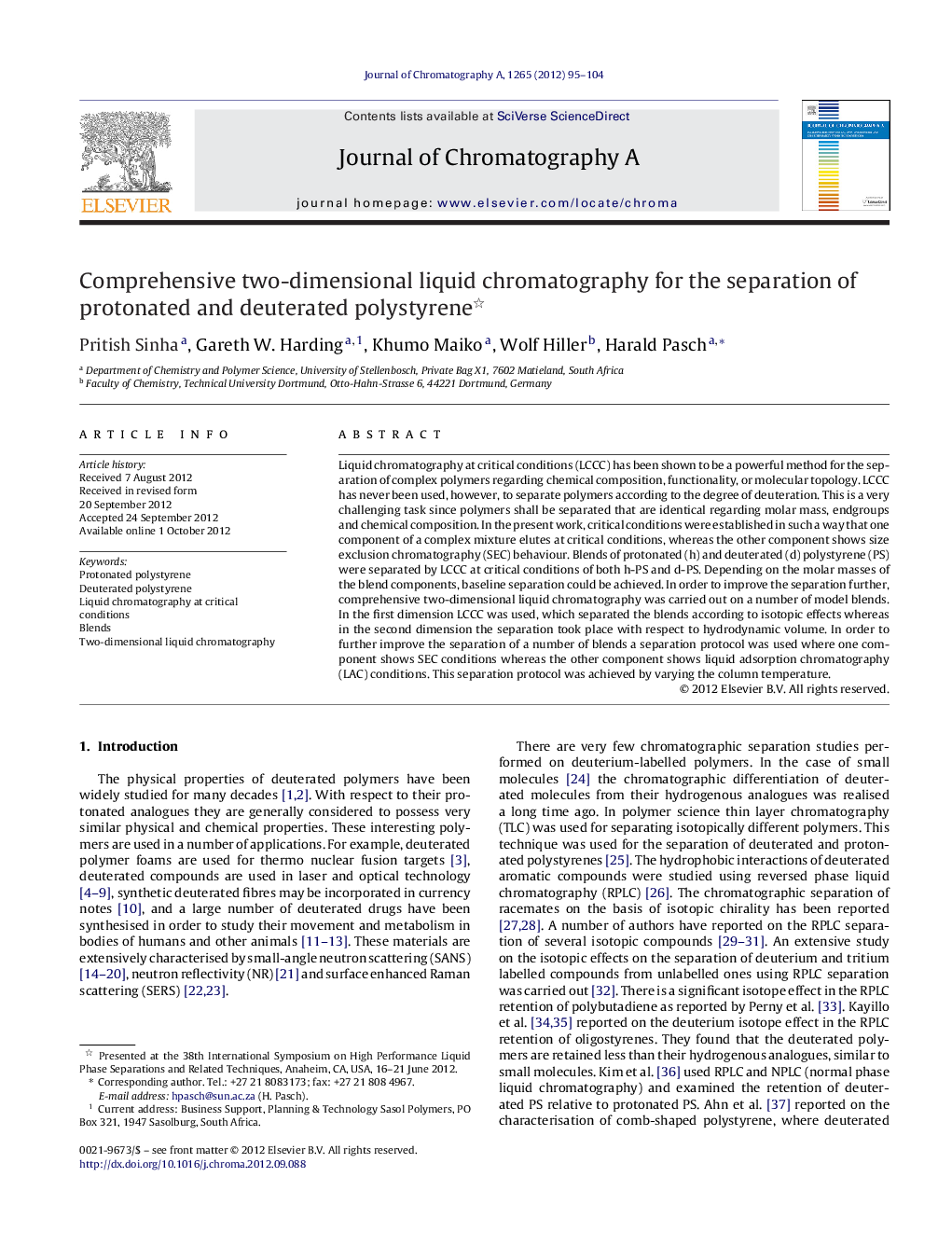 Comprehensive two-dimensional liquid chromatography for the separation of protonated and deuterated polystyrene 