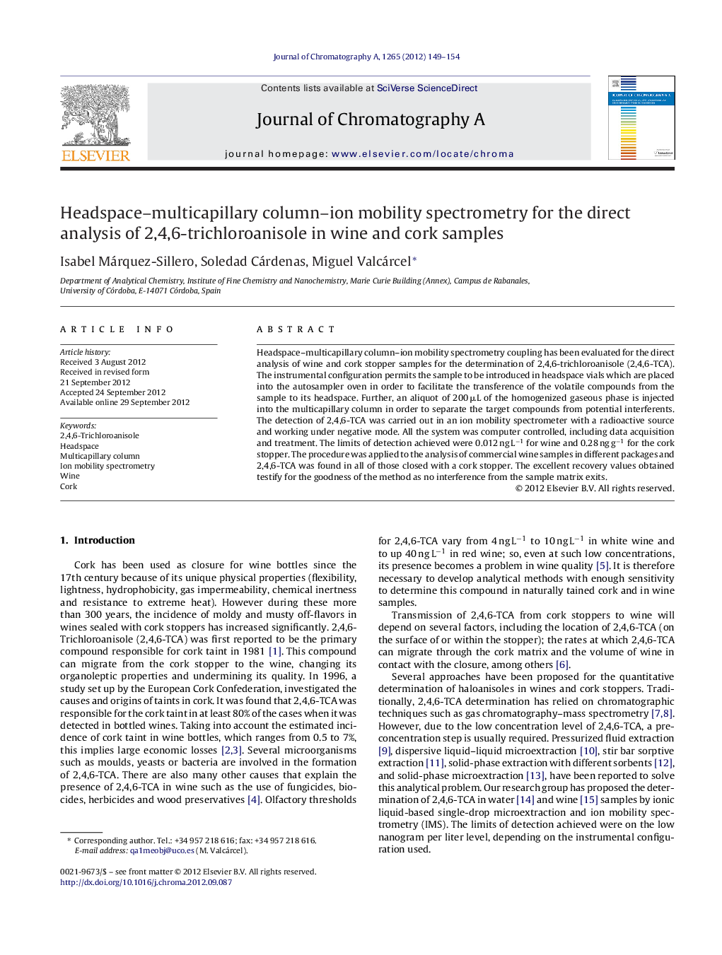 Headspace–multicapillary column–ion mobility spectrometry for the direct analysis of 2,4,6-trichloroanisole in wine and cork samples