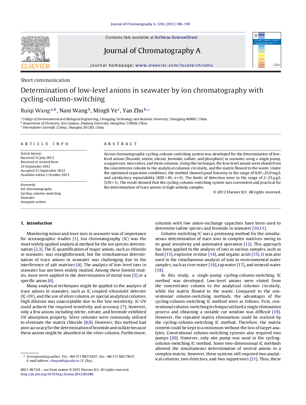 Determination of low-level anions in seawater by ion chromatography with cycling-column-switching