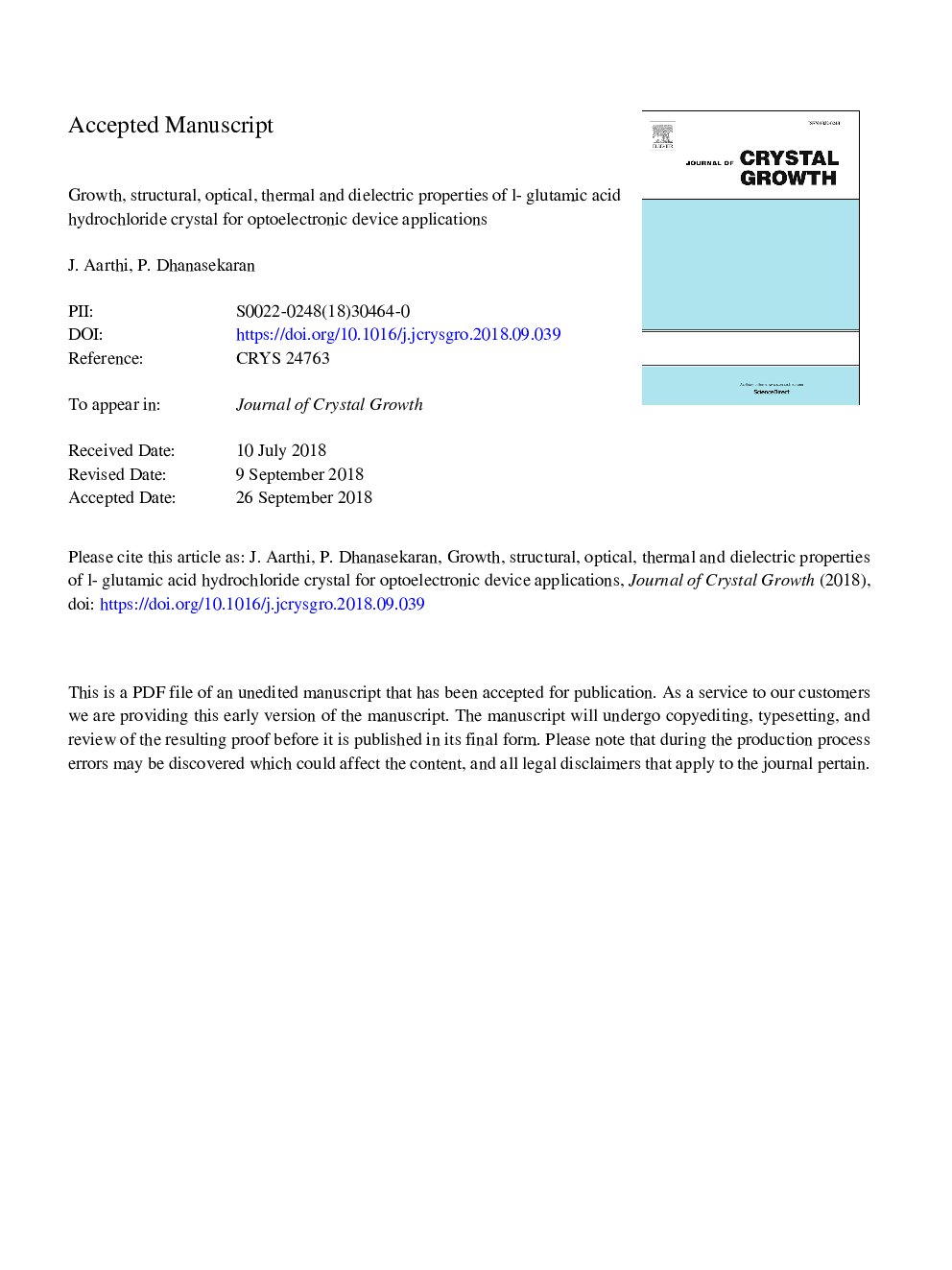 Growth, structural, optical, thermal and dielectric properties of l-glutamic acid hydrochloride crystal for optoelectronic device applications