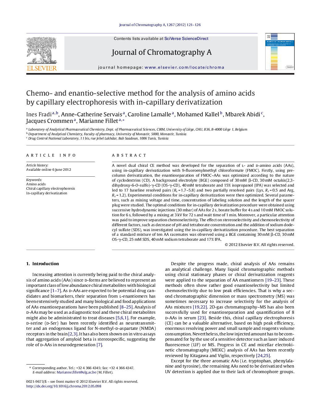 Chemo- and enantio-selective method for the analysis of amino acids by capillary electrophoresis with in-capillary derivatization