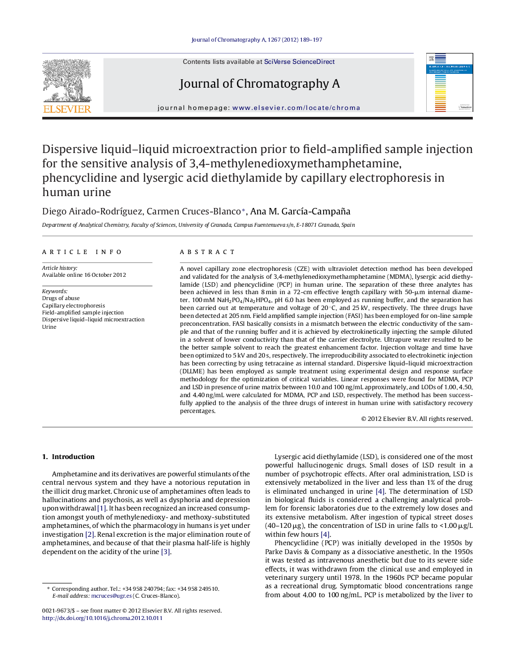 Dispersive liquid–liquid microextraction prior to field-amplified sample injection for the sensitive analysis of 3,4-methylenedioxymethamphetamine, phencyclidine and lysergic acid diethylamide by capillary electrophoresis in human urine