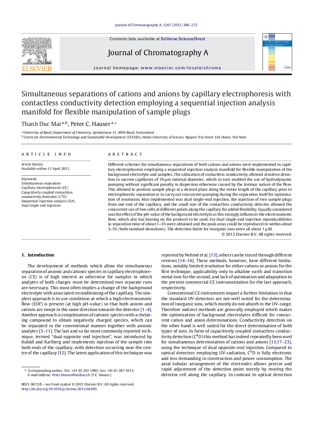 Simultaneous separations of cations and anions by capillary electrophoresis with contactless conductivity detection employing a sequential injection analysis manifold for flexible manipulation of sample plugs