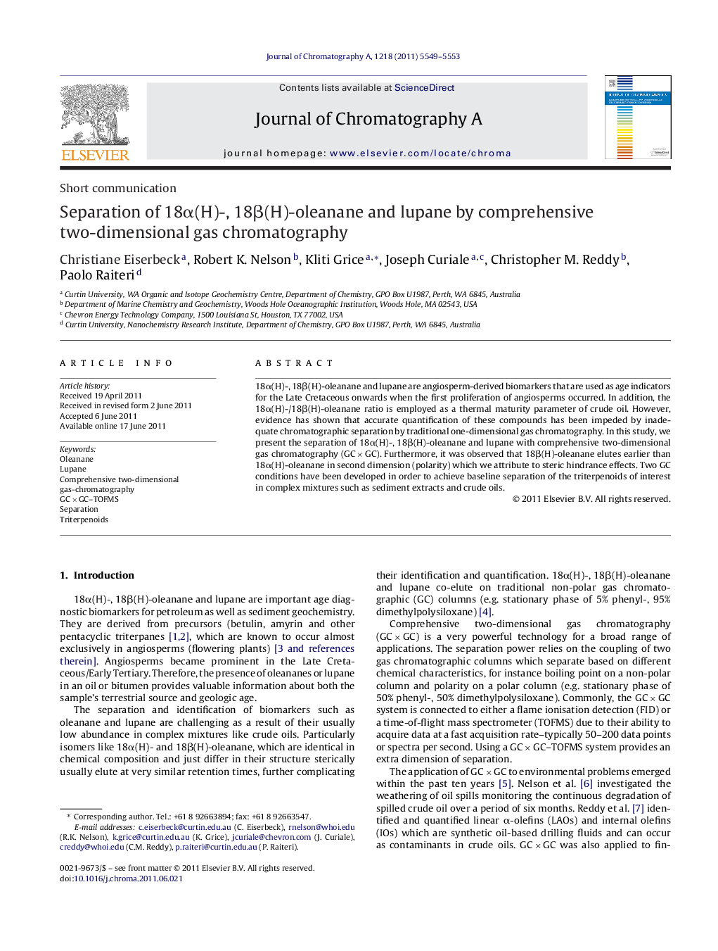 Separation of 18α(H)-, 18β(H)-oleanane and lupane by comprehensive two-dimensional gas chromatography