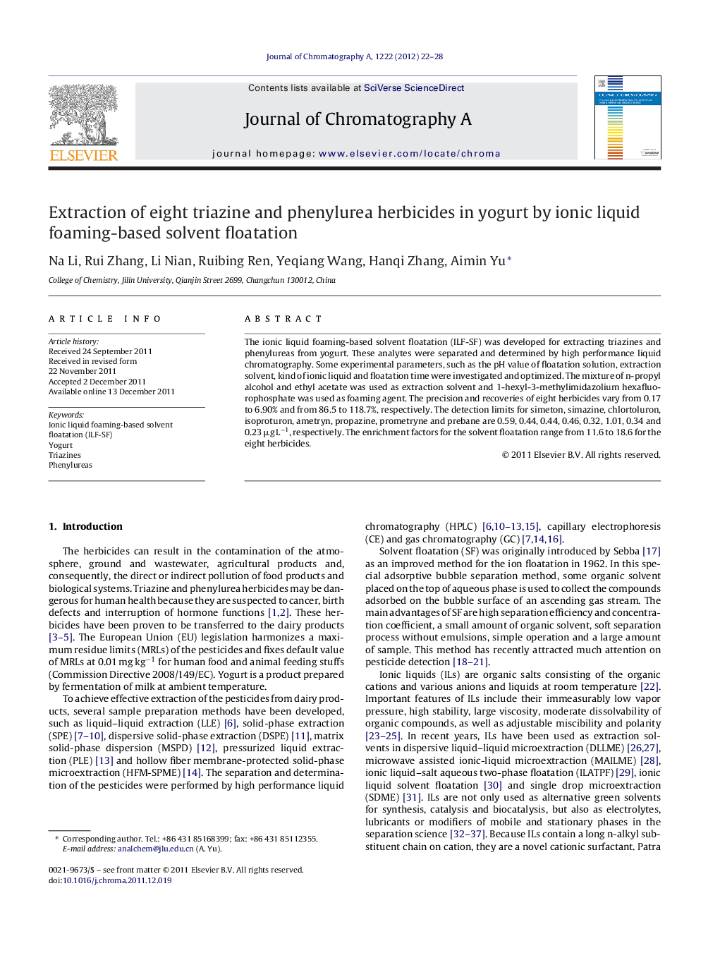 Extraction of eight triazine and phenylurea herbicides in yogurt by ionic liquid foaming-based solvent floatation