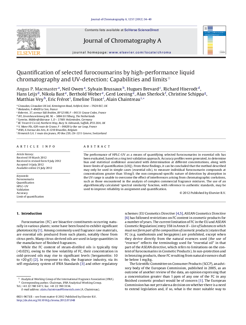 Quantification of selected furocoumarins by high-performance liquid chromatography and UV-detection: Capabilities and limits 