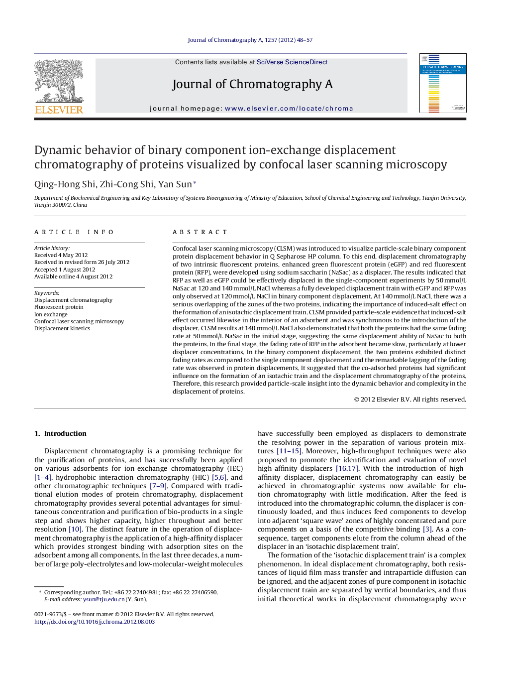 Dynamic behavior of binary component ion-exchange displacement chromatography of proteins visualized by confocal laser scanning microscopy