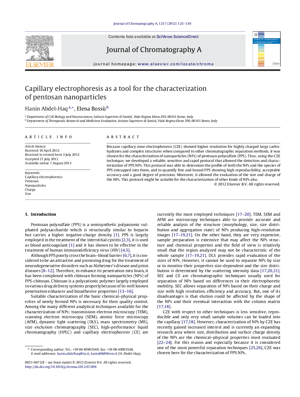 Capillary electrophoresis as a tool for the characterization of pentosan nanoparticles