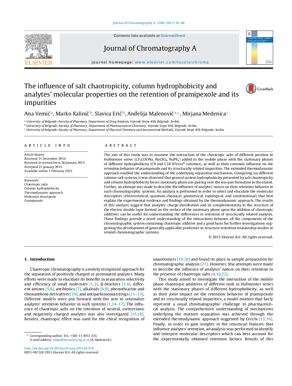 The influence of salt chaotropicity, column hydrophobicity and analytes’ molecular properties on the retention of pramipexole and its impurities