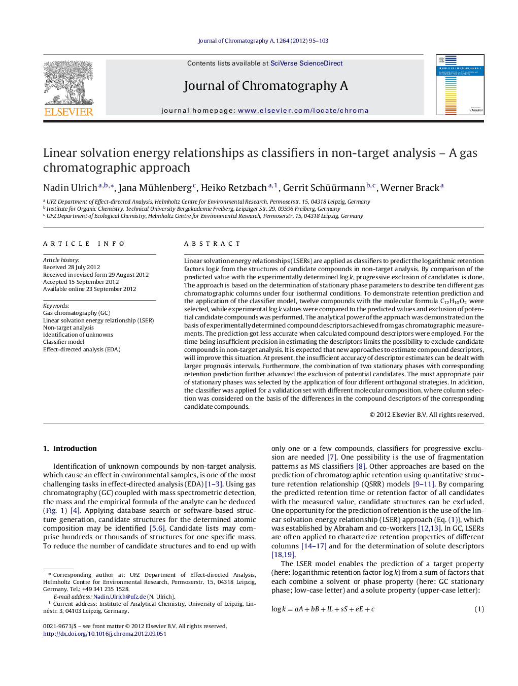 Linear solvation energy relationships as classifiers in non-target analysis - A gas chromatographic approach