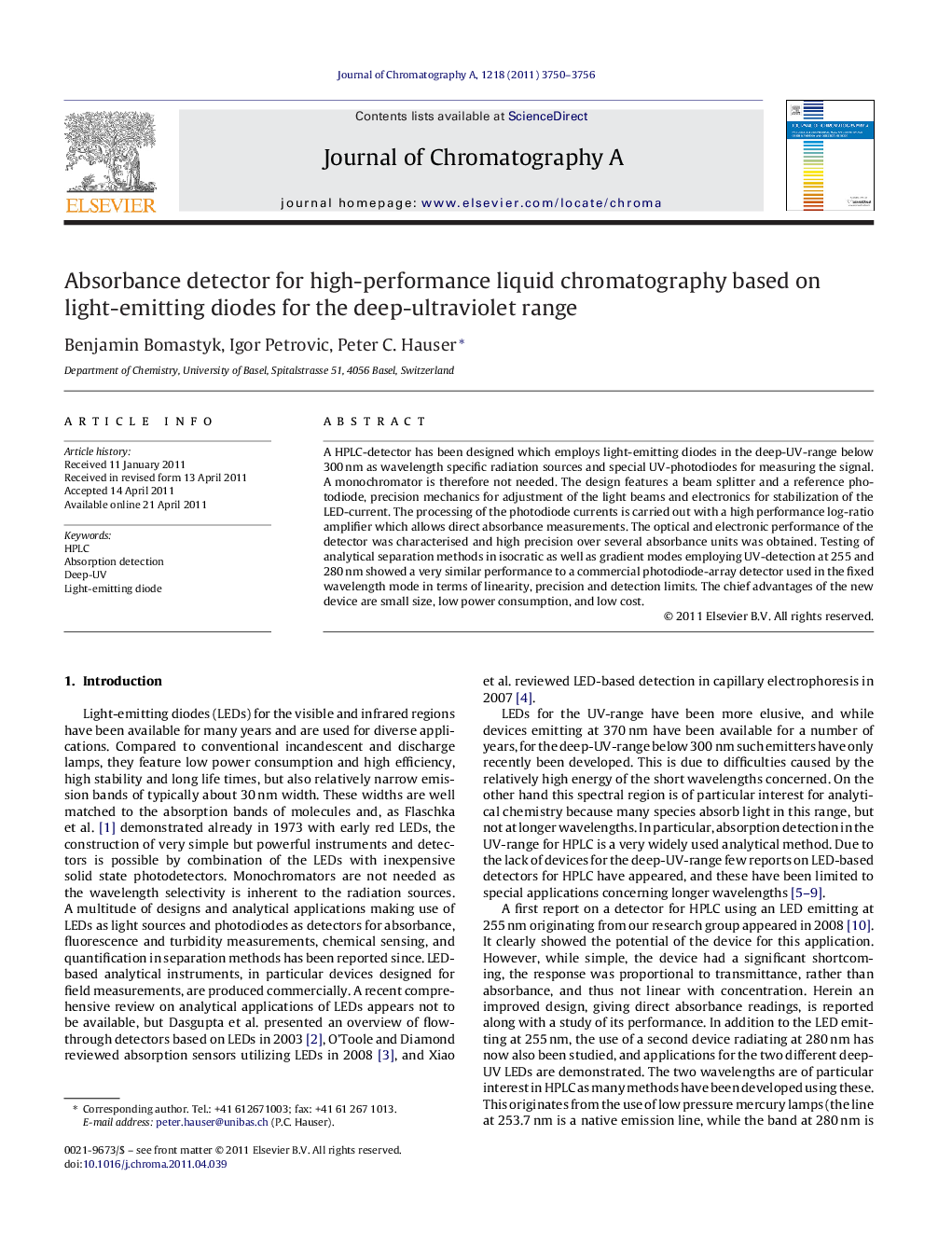 Absorbance detector for high-performance liquid chromatography based on light-emitting diodes for the deep-ultraviolet range