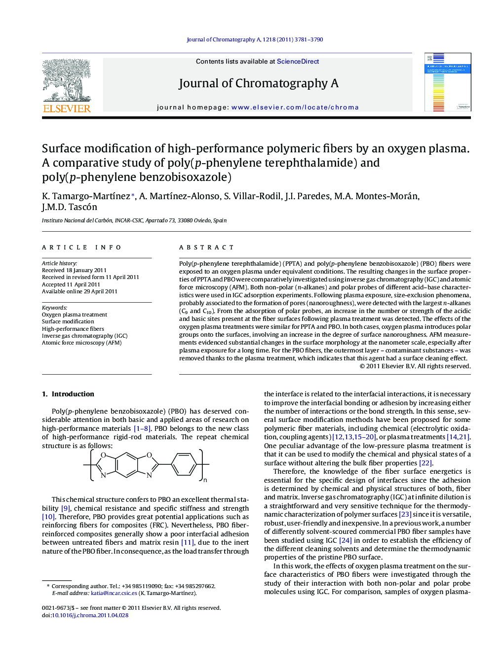 Surface modification of high-performance polymeric fibers by an oxygen plasma. A comparative study of poly(p-phenylene terephthalamide) and poly(p-phenylene benzobisoxazole)