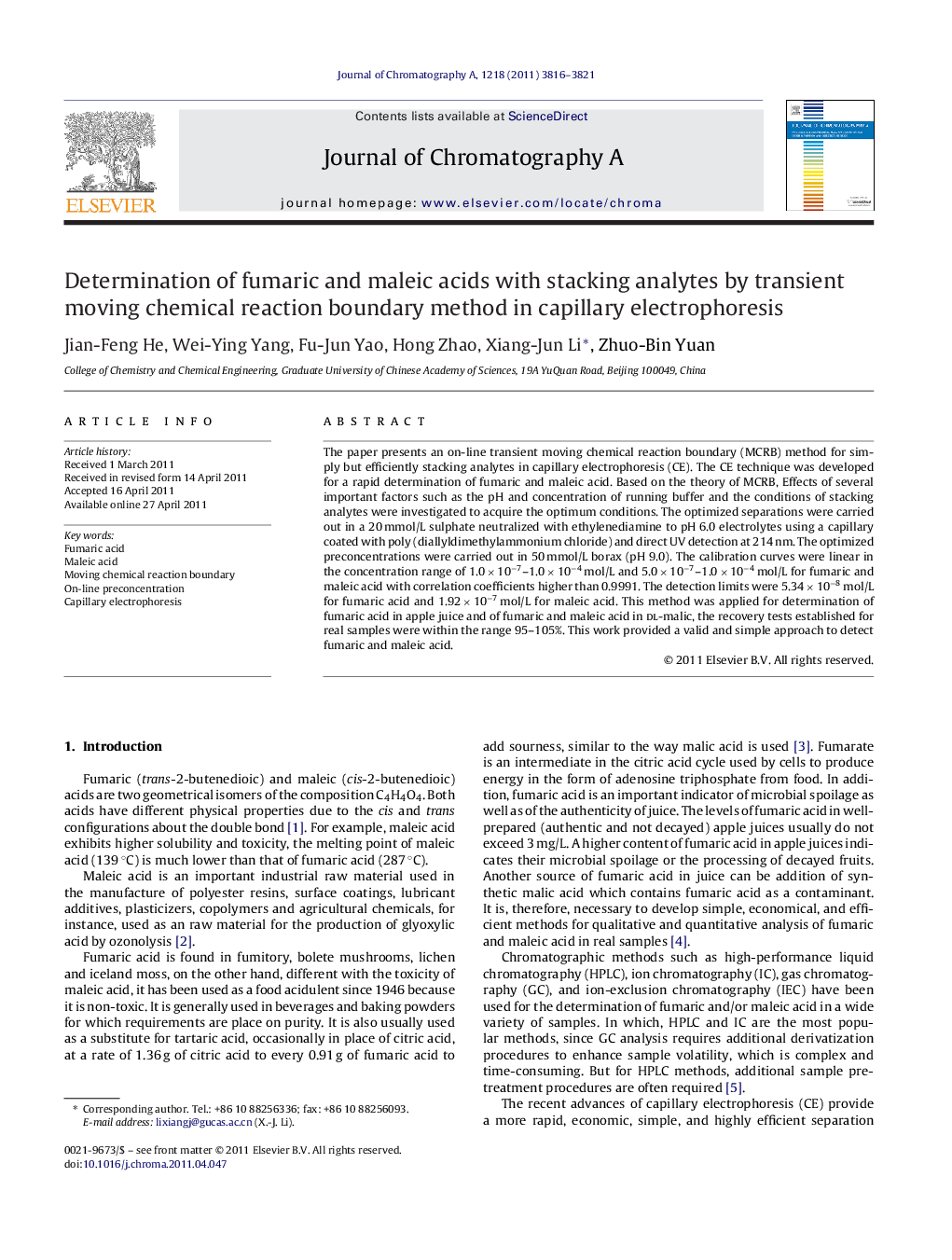 Determination of fumaric and maleic acids with stacking analytes by transient moving chemical reaction boundary method in capillary electrophoresis