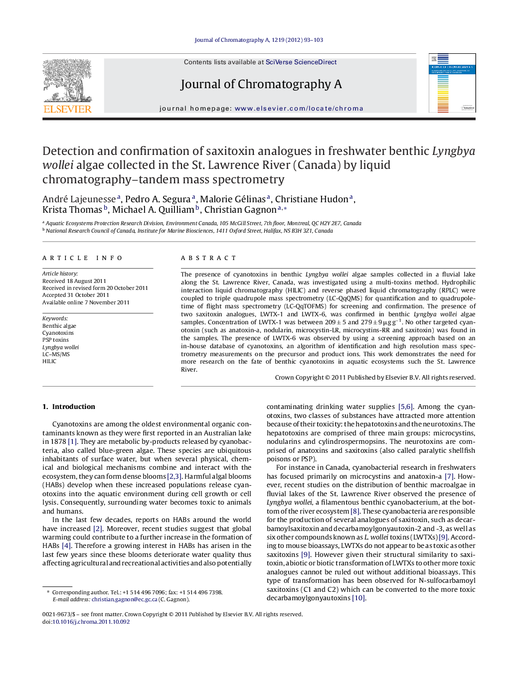 Detection and confirmation of saxitoxin analogues in freshwater benthic Lyngbya wollei algae collected in the St. Lawrence River (Canada) by liquid chromatography–tandem mass spectrometry