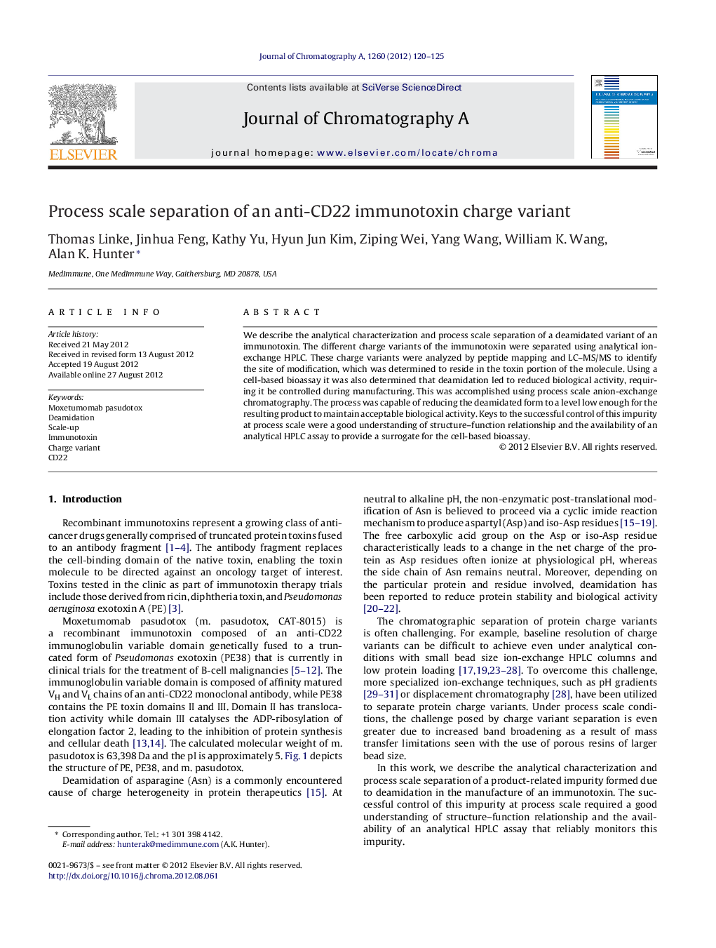 Process scale separation of an anti-CD22 immunotoxin charge variant