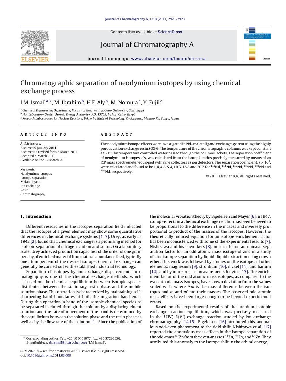 Chromatographic separation of neodymium isotopes by using chemical exchange process