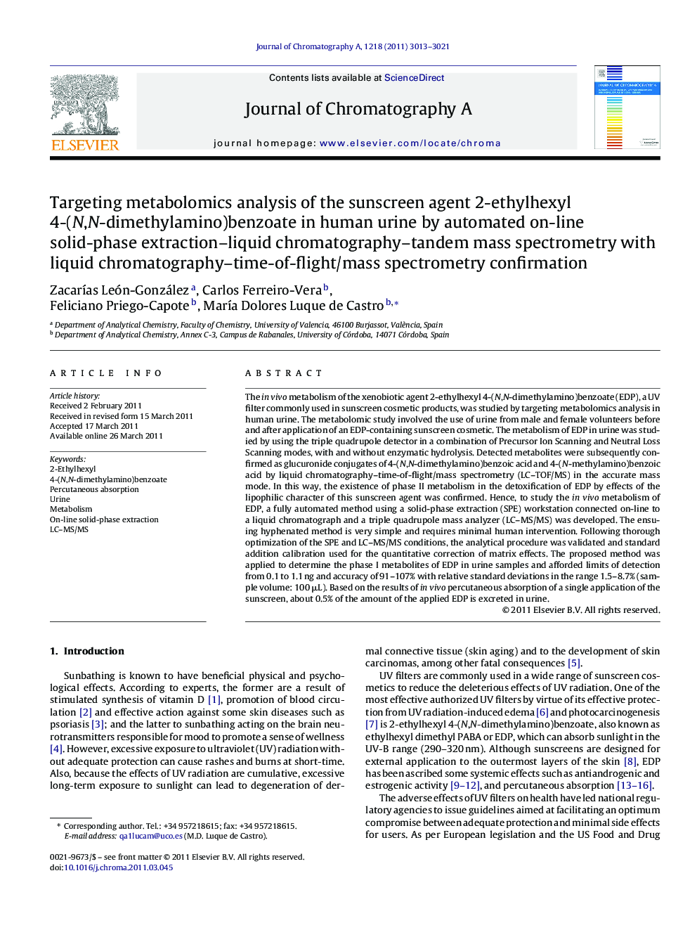 Targeting metabolomics analysis of the sunscreen agent 2-ethylhexyl 4-(N,N-dimethylamino)benzoate in human urine by automated on-line solid-phase extraction–liquid chromatography–tandem mass spectrometry with liquid chromatography–time-of-flight/mass spec