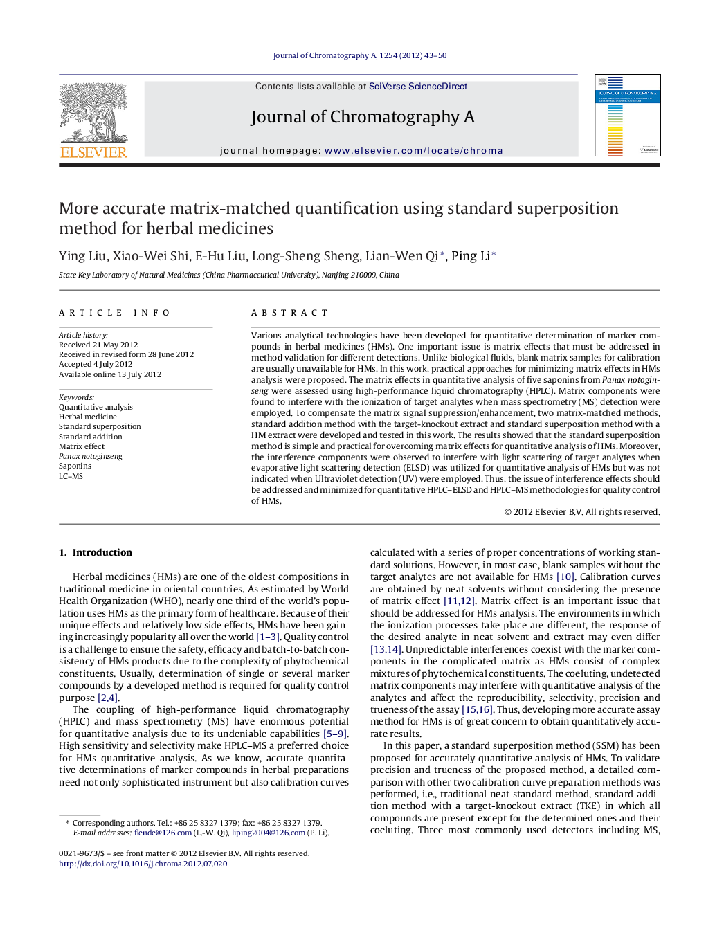 More accurate matrix-matched quantification using standard superposition method for herbal medicines