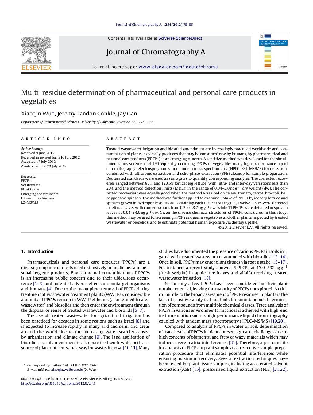 Multi-residue determination of pharmaceutical and personal care products in vegetables