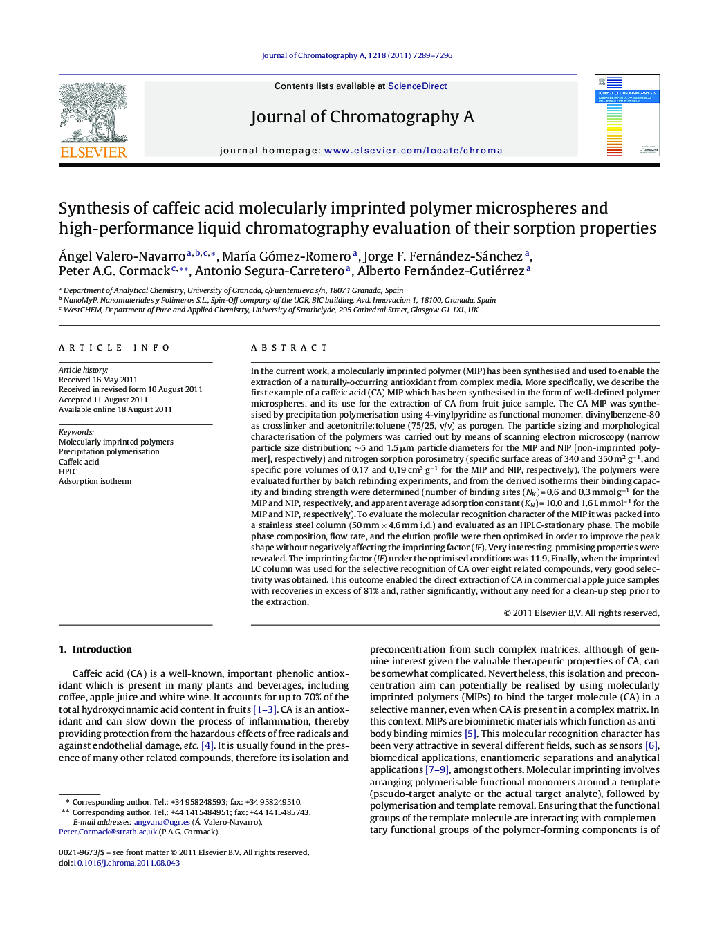 Synthesis of caffeic acid molecularly imprinted polymer microspheres and high-performance liquid chromatography evaluation of their sorption properties