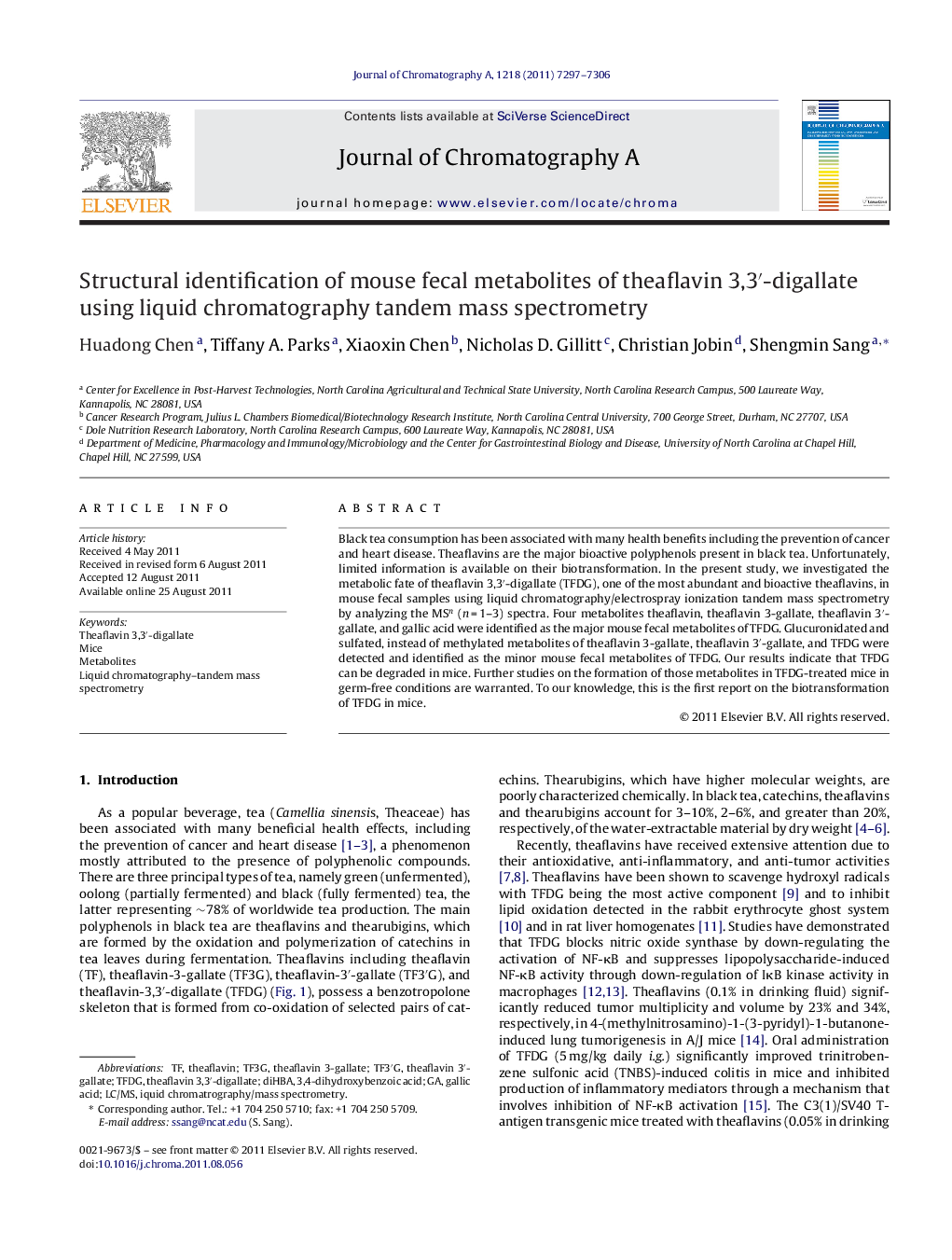 Structural identification of mouse fecal metabolites of theaflavin 3,3′-digallate using liquid chromatography tandem mass spectrometry